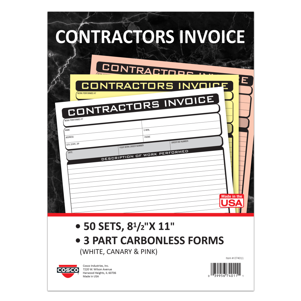 COSCO Contractor Invoice Business Form Book With Slip, 3-Part Carbonless, 8-1/2in x 11in, Book Of 50 Sets