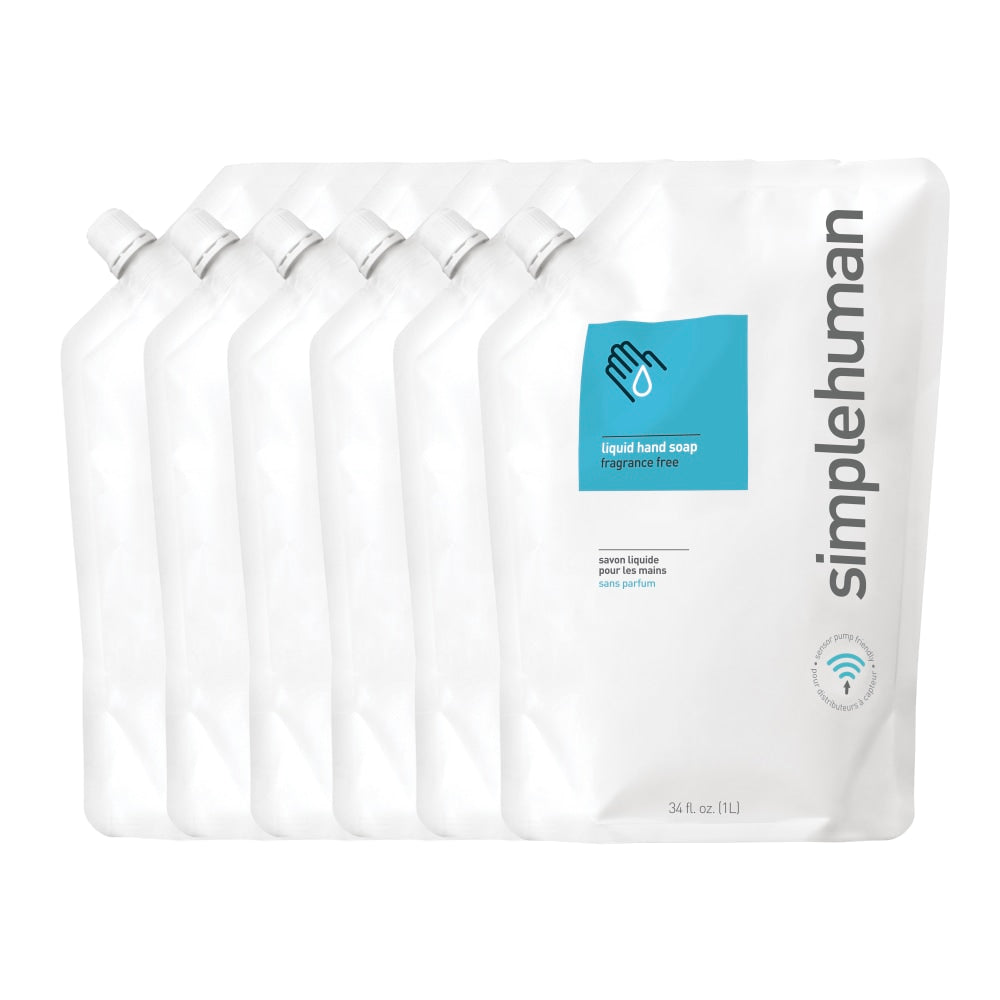 simplehuman Moisturizing Liquid Hand Soap, Unscented, 34 Oz, Carton Of 6 Pouches