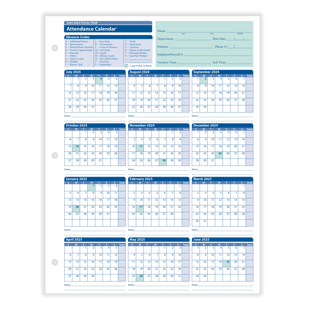 ComplyRight 2024-2025 Fiscal Attendance Calendar, 8 1/2in x 11in, Pack Of 50