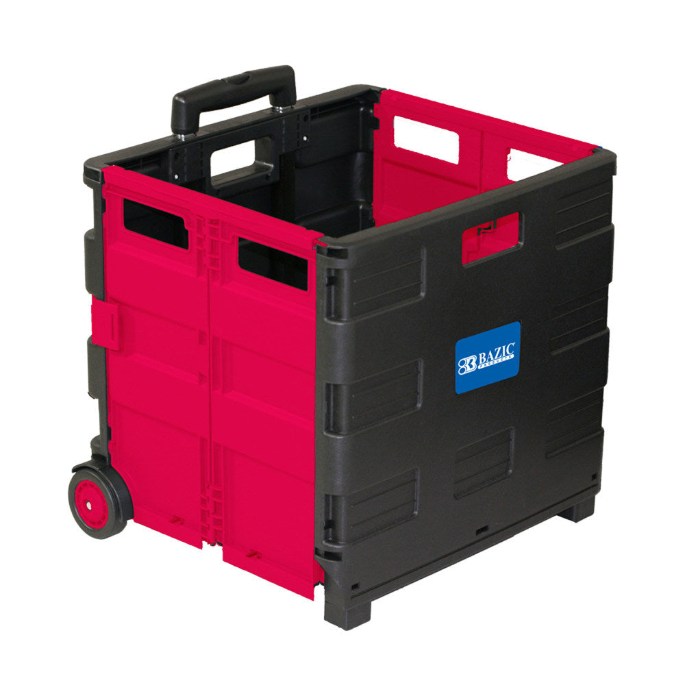 BAZIC Products Folding Cart On Wheels With Lid Cover, 18inH x 15inW x 16inD, Black/Red