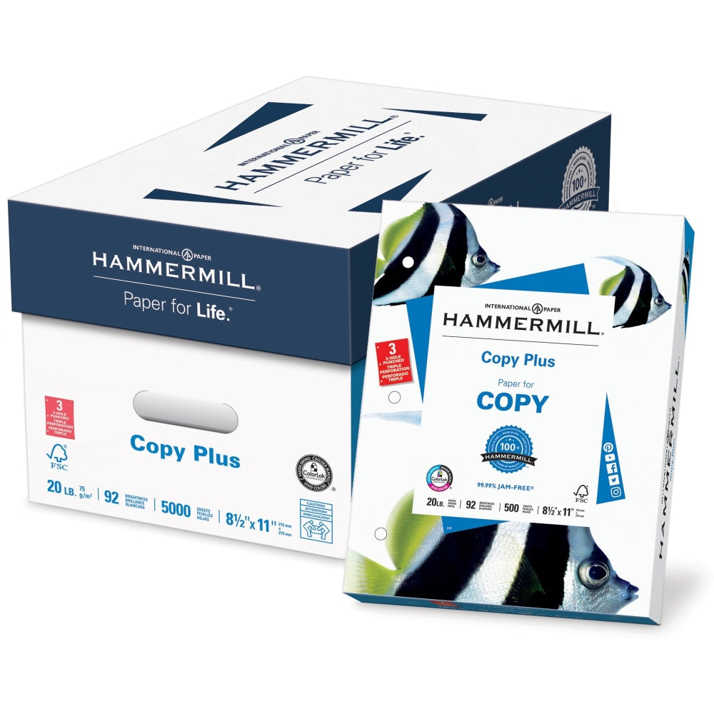 Hammermill Copy Plus 3-Hole Punched Multi-Use Printer & Copy Paper, White, Letter (8.5in x 11in), 5000 Sheets Per Case, 20 Lb, 92 Brightness