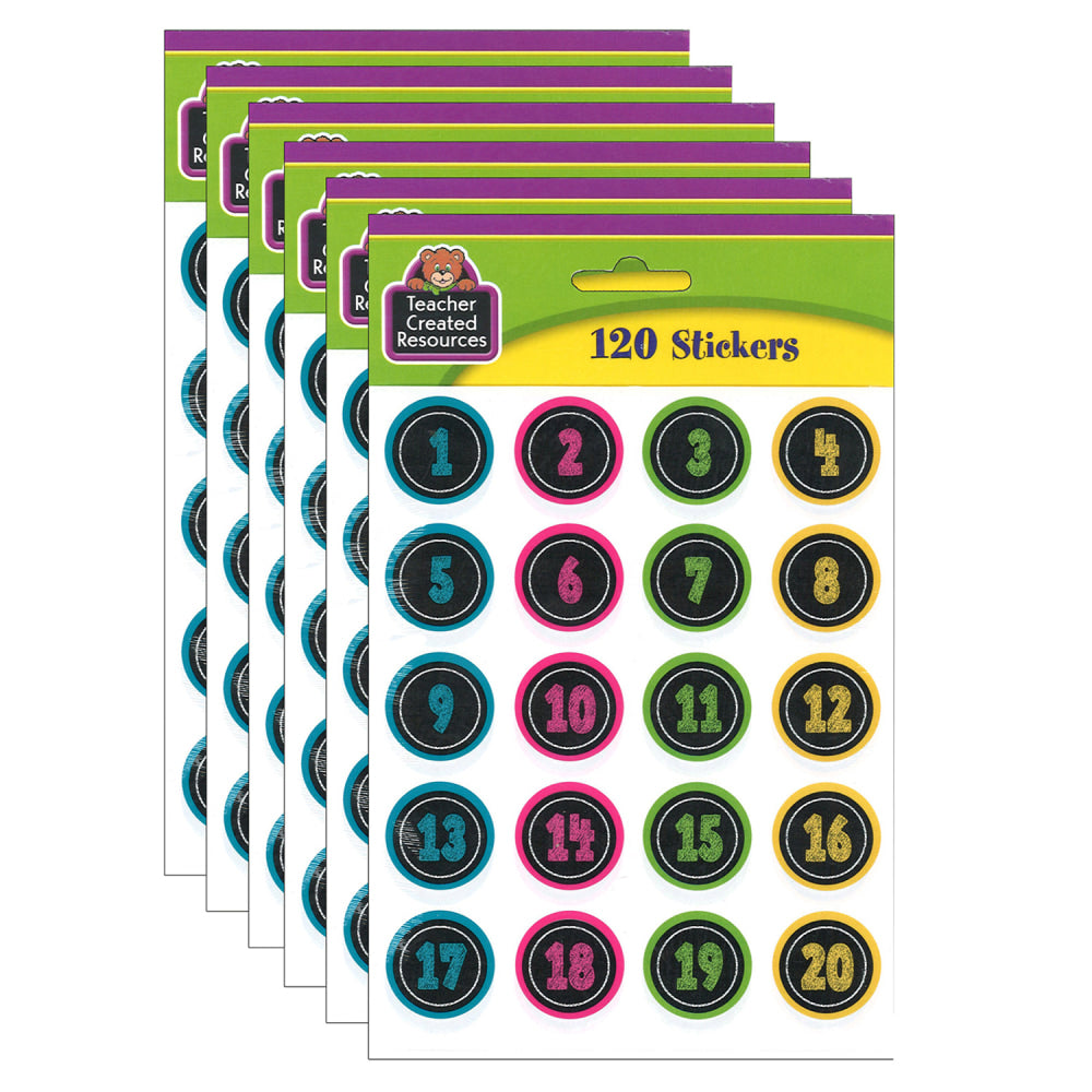 Teacher Created Resources Stickers, Chalkboard Brights Numbers, 120 Stickers Per Pack, Set Of 6 Packs