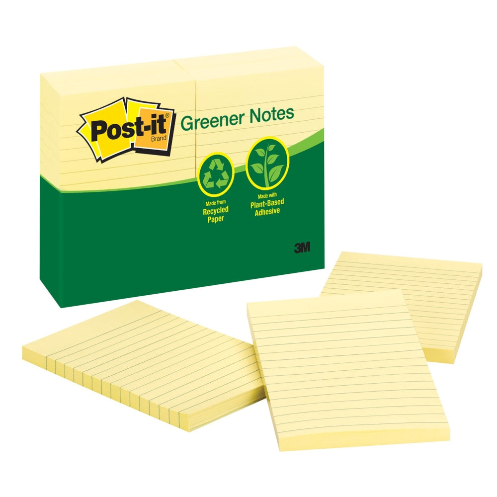 Post-it Greener Notes, 4 in. x 6 in., 12 Pads, 100 Sheets/Pad, Canary Yellow, Lined