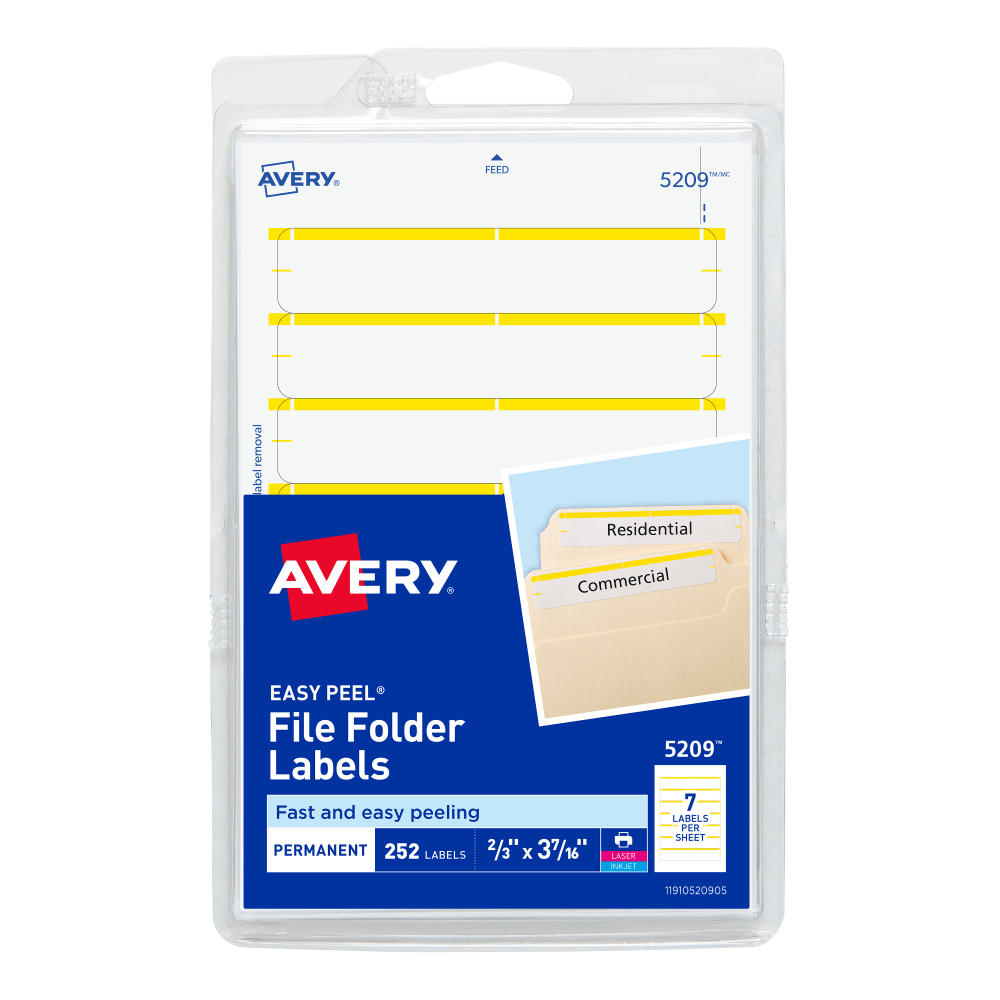 Avery File Folder Labels On 4in x 6in Sheet With Easy Peel, 5209, Rectanlge, 2/3in x 3-7/16in, White With Yellow Color Bar, Pack Of 252 Labels