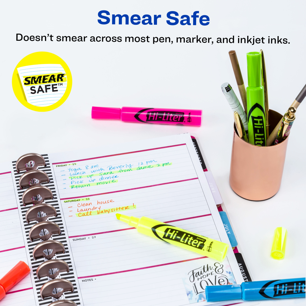 Avery Hi-Liter SmearSafe Highlighters, Chisel Tip, Desk-Style, Assorted, Pack Of 12 Highlighters