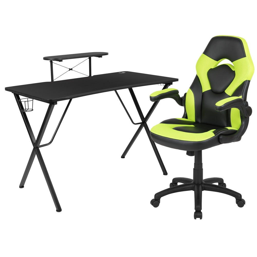 Flash Furniture Gaming Desk And Racing Chair Set With Cup Holder, Headphone Hook and Monitor/Smartphone Stand, Green