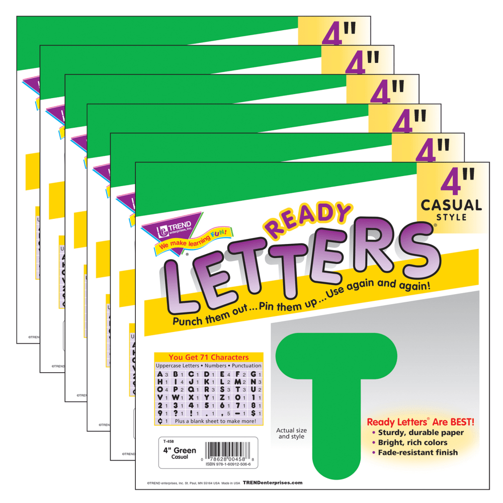 TREND Ready Letters, 4in, Casual Uppercase, Green, Set Of 6 Packs