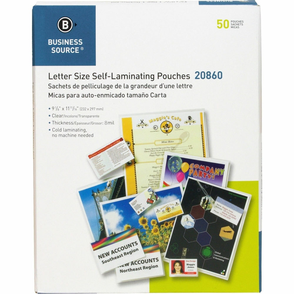 Business Source Laminating Document Pouches - Laminating Pouch/Sheet Size: 9in Width x 11.50in Length x 8 mil Thickness - for Document, ID Badge, Photo, Recipe - Pre-trimmed - Clear - 50 / Box