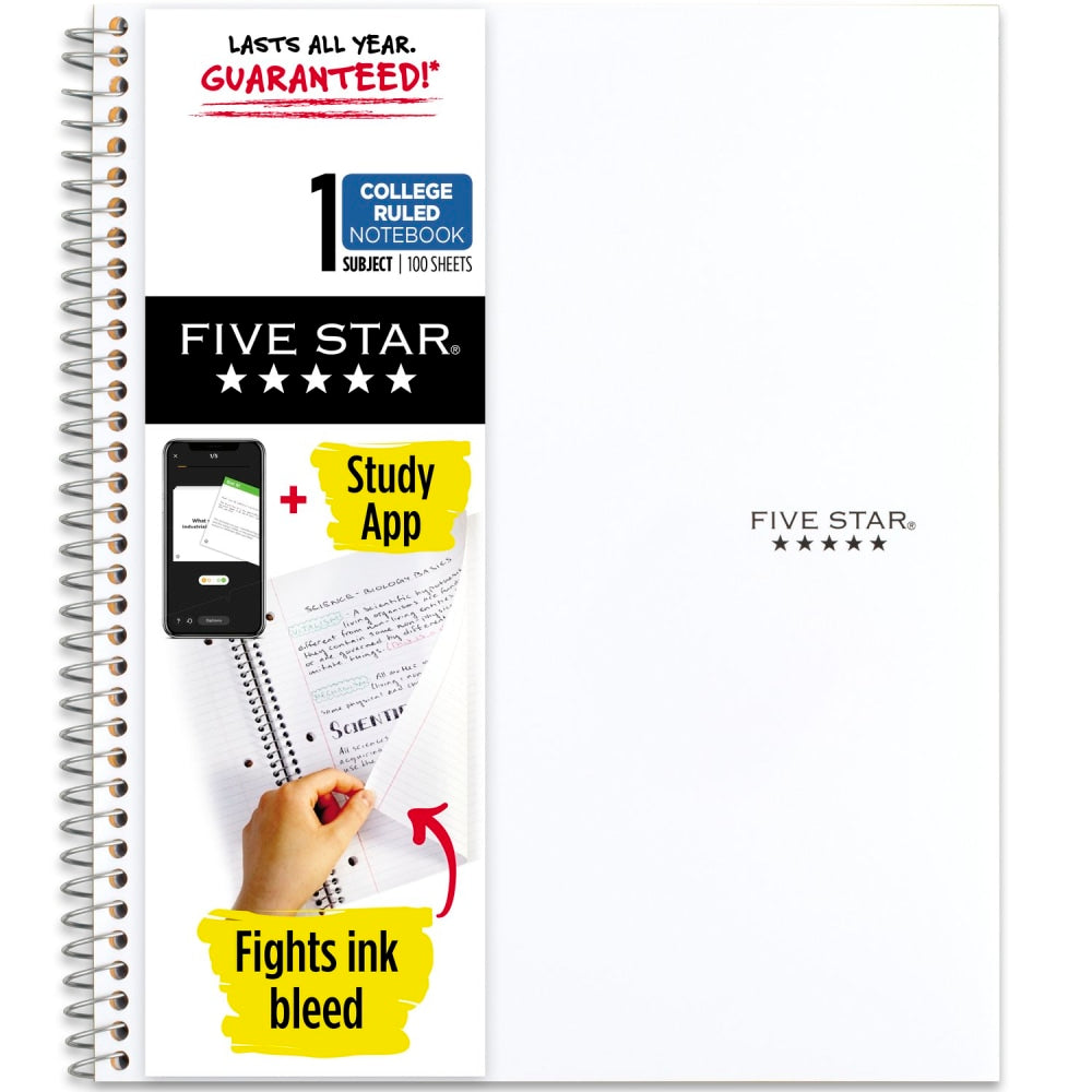 Five Star Wirebound Notebook Plus Study App, 8-1/2in x 11in, 1 Subject, College Ruled, 100 Sheets, White