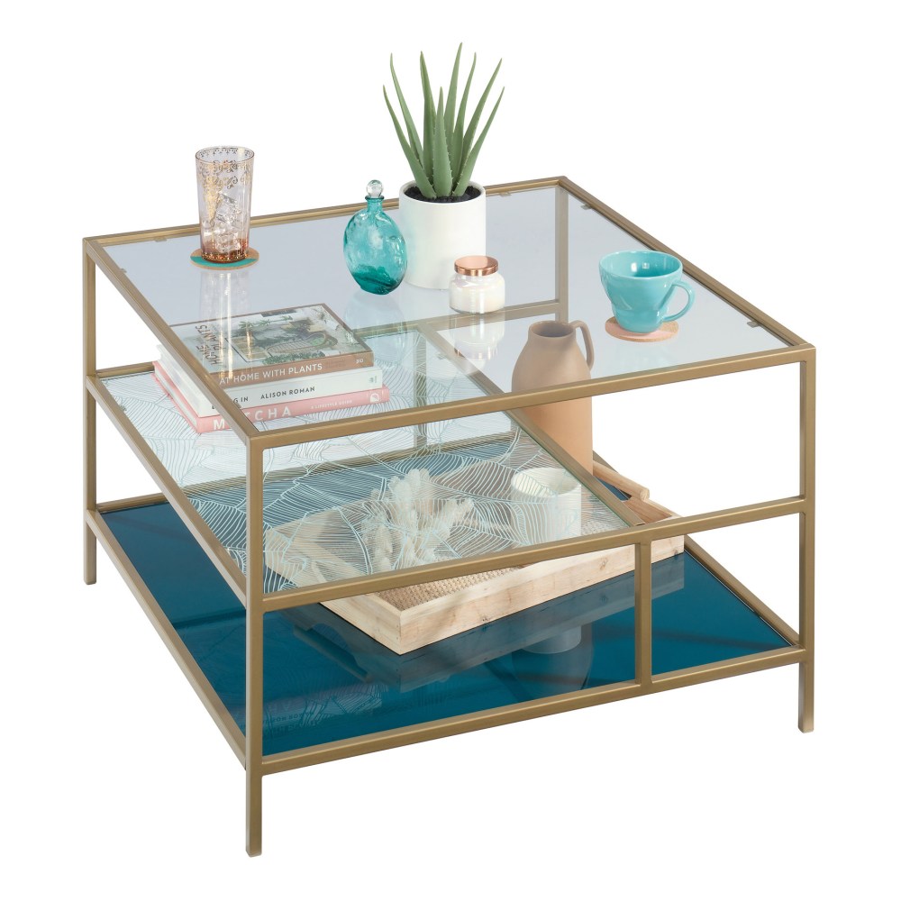 Sauder Coral Cape Glass Square Coffee Table, 19in x 29-1/2in, Satin Gold/Teal