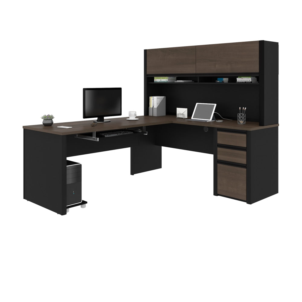 Bestar Connexion 72inW L-Shaped Corner Desk With Hutch And Pedestal, Antigua/Black