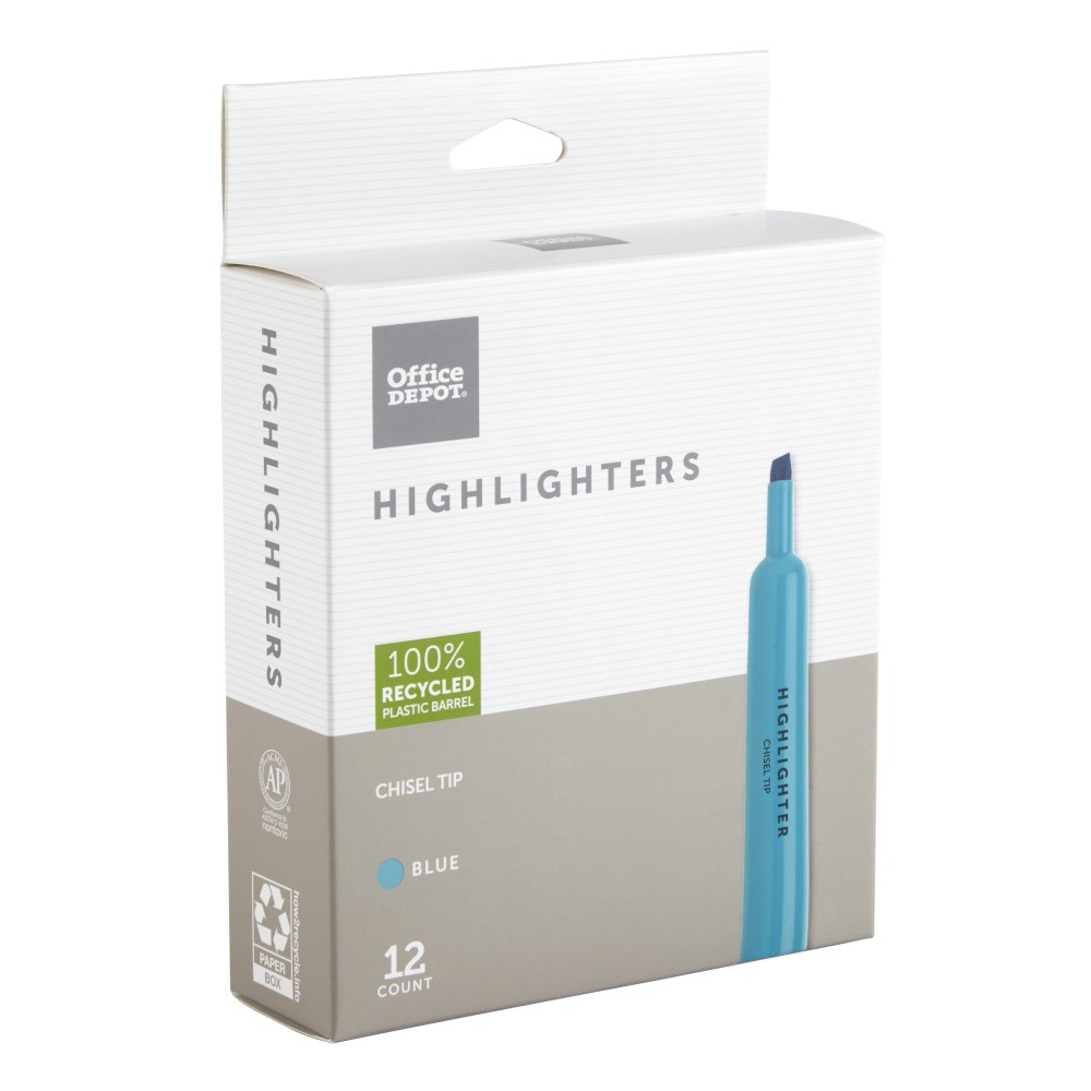 Office Depot Brand Chisel-Tip Highlighter, 100% Recycled Plastic Barrel, Fluorescent Blue, Pack Of 12