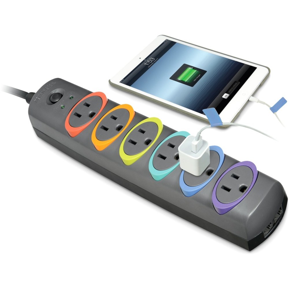 Kensington SmartSockets Surge Strip, 370 Joules, 6ft Cord, 6 Power & 1 Phone Outlet, Color Coded