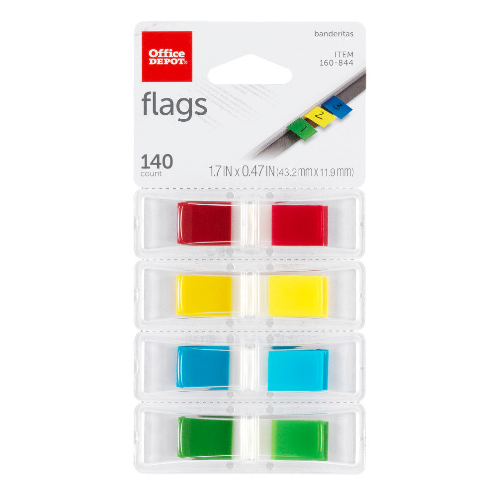 Office Depot Brand Self-Stick Flags, 1/2in x 1 7/10in, Assorted Colors, 35 Flags Per Pad, Pack Of 4 Pads