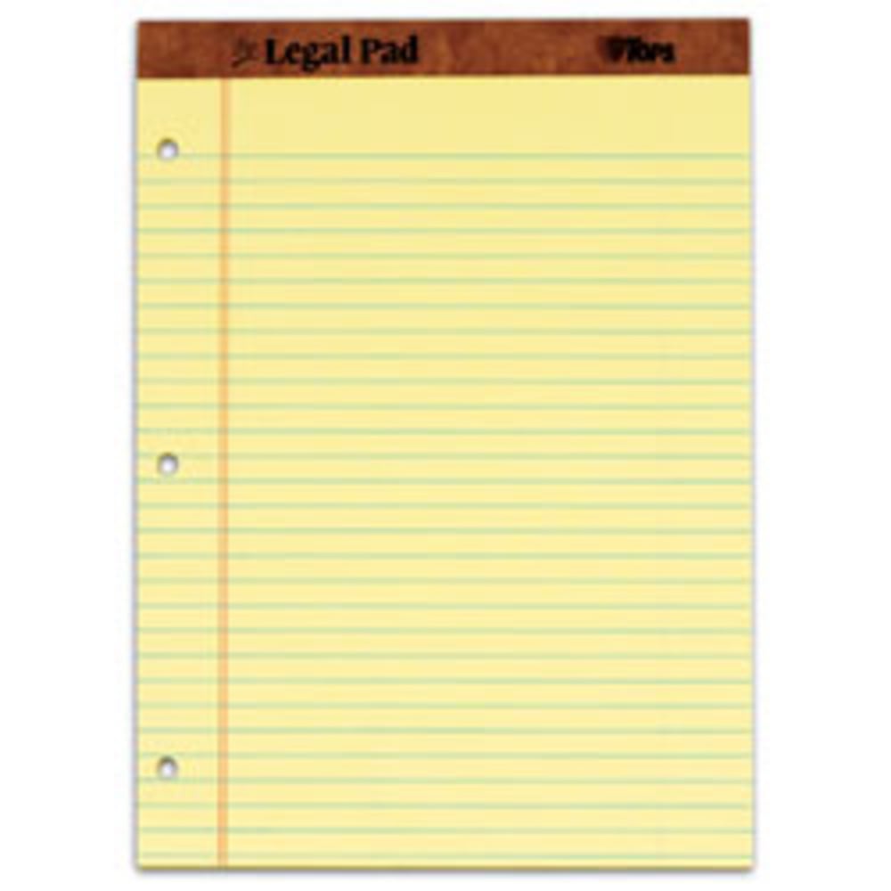 TOPS 3-Hole Punched Perforated Writing Pads, 8 1/2in x 11 3/4in, Legal Ruled, 50 Sheets, Canary, Pack Of 12 Pads