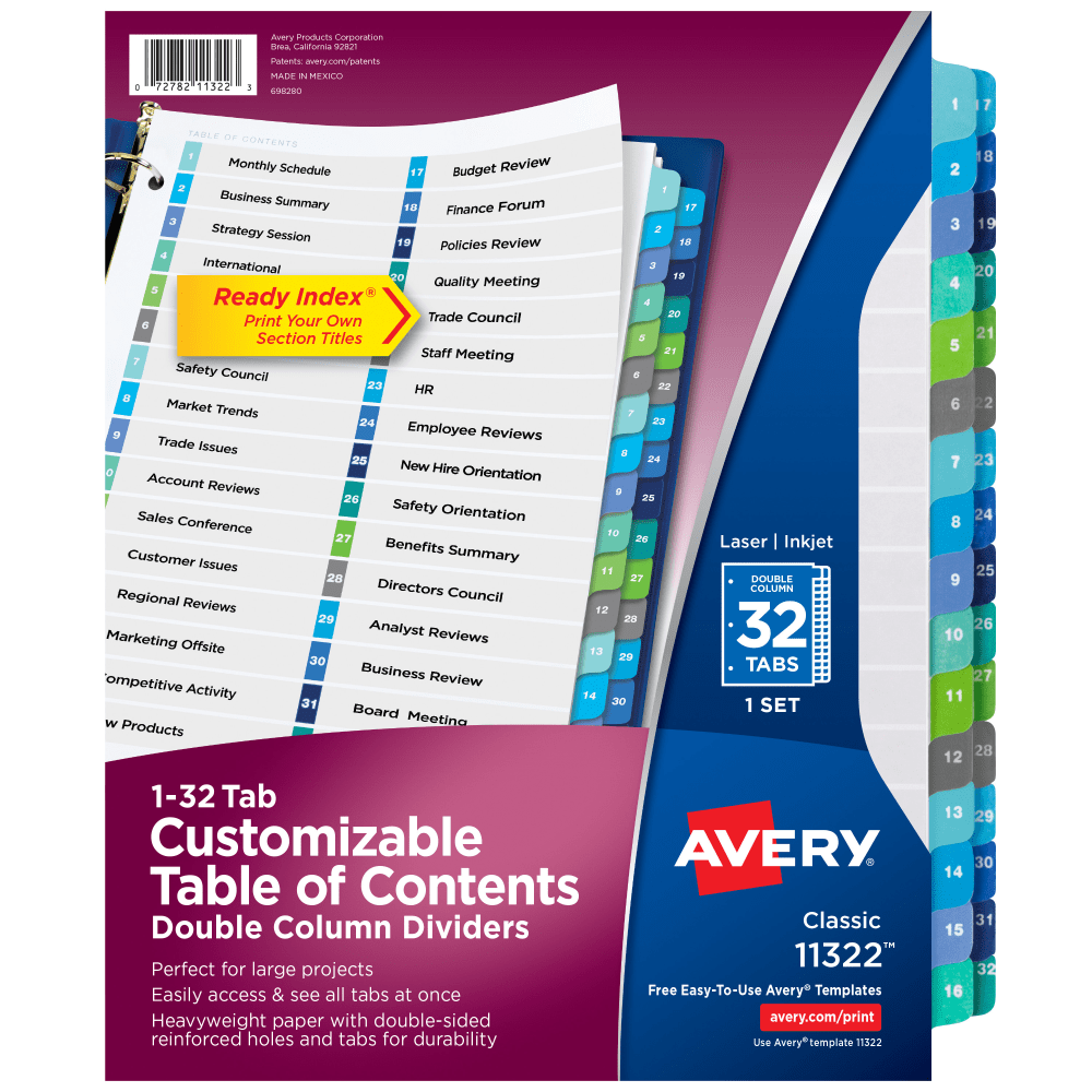 Avery Ready Index 1-32 Tab Double Column Binder Dividers With Customizable Table Of Contents, 8-1/2in x 11in, 32 Tab, White/Multicolor, 1 Set