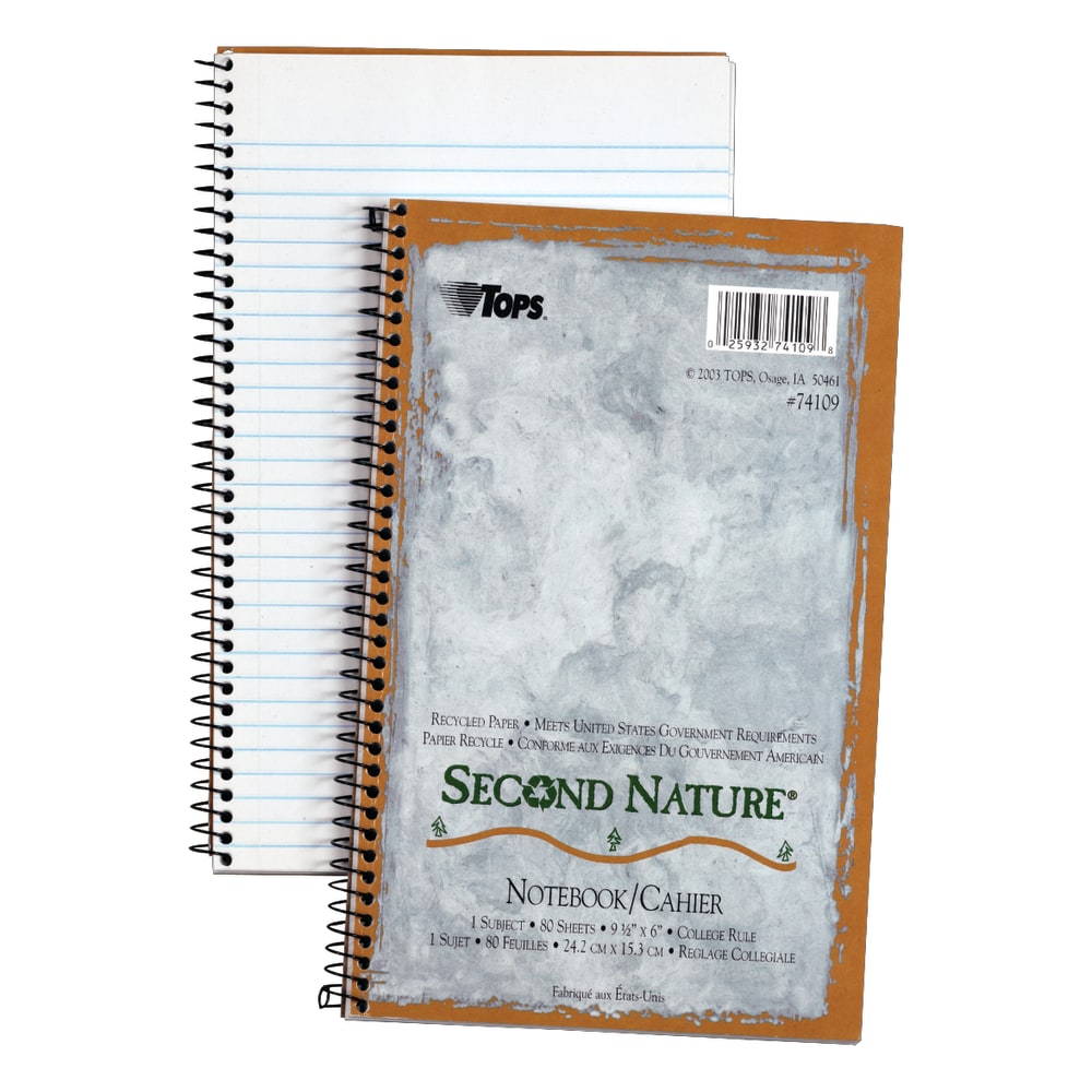 TOPS Second Nature 100% Recycled Perforated Notebook, 6in x 9 1/2in, 1 Subject, College Ruled, 40 Sheets, White