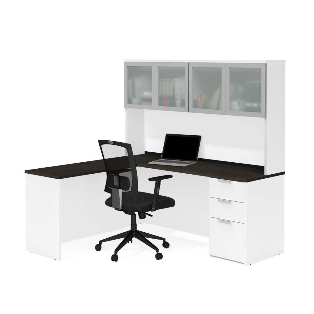 Bestar Pro-Concept Plus 72inW L-Shaped Corner Desk With Pedestal And Frosted Glass-Door Hutch, White/Deep Gray