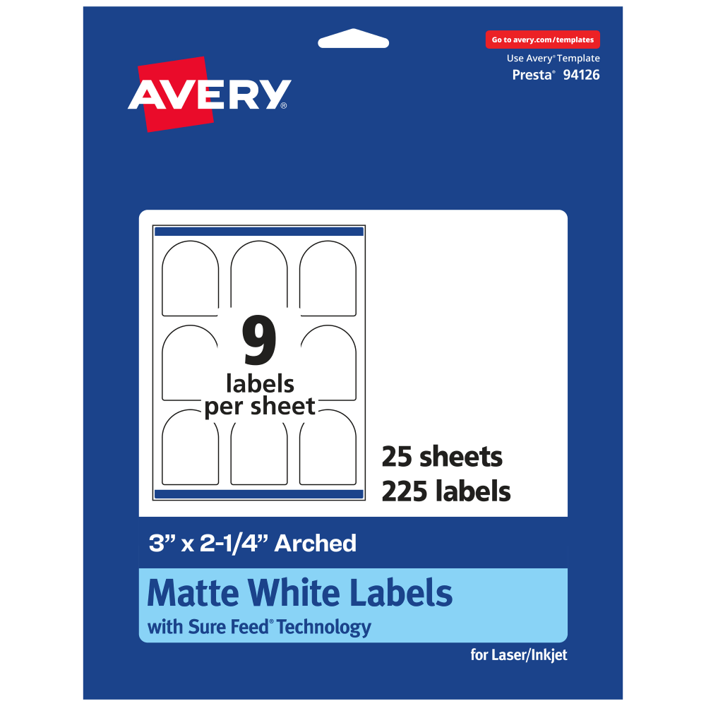 Avery Permanent Labels With Sure Feed, 94126-WMP25, Arched, 3in x 2-1/4in, White, Pack Of 225