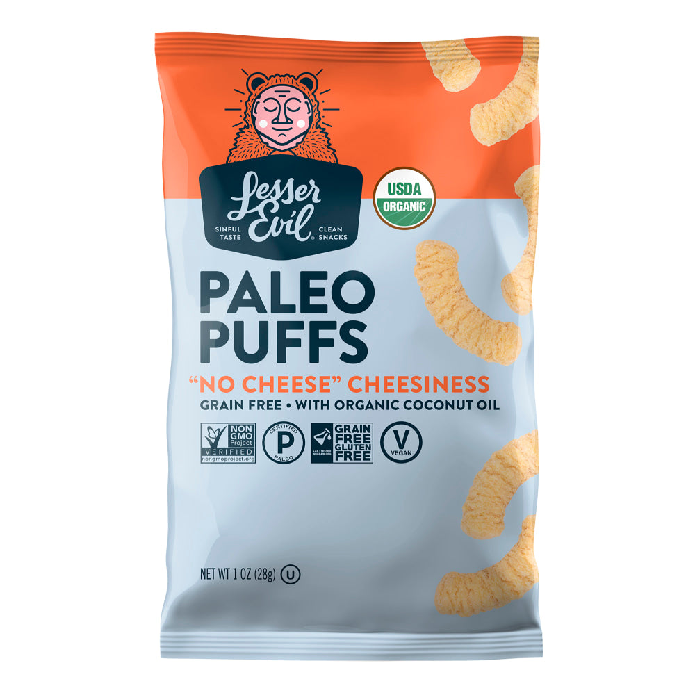 LesserEvil Paleo Puffs, No Cheese Cheesiness, 1 Oz, Pack Of 24 Bags