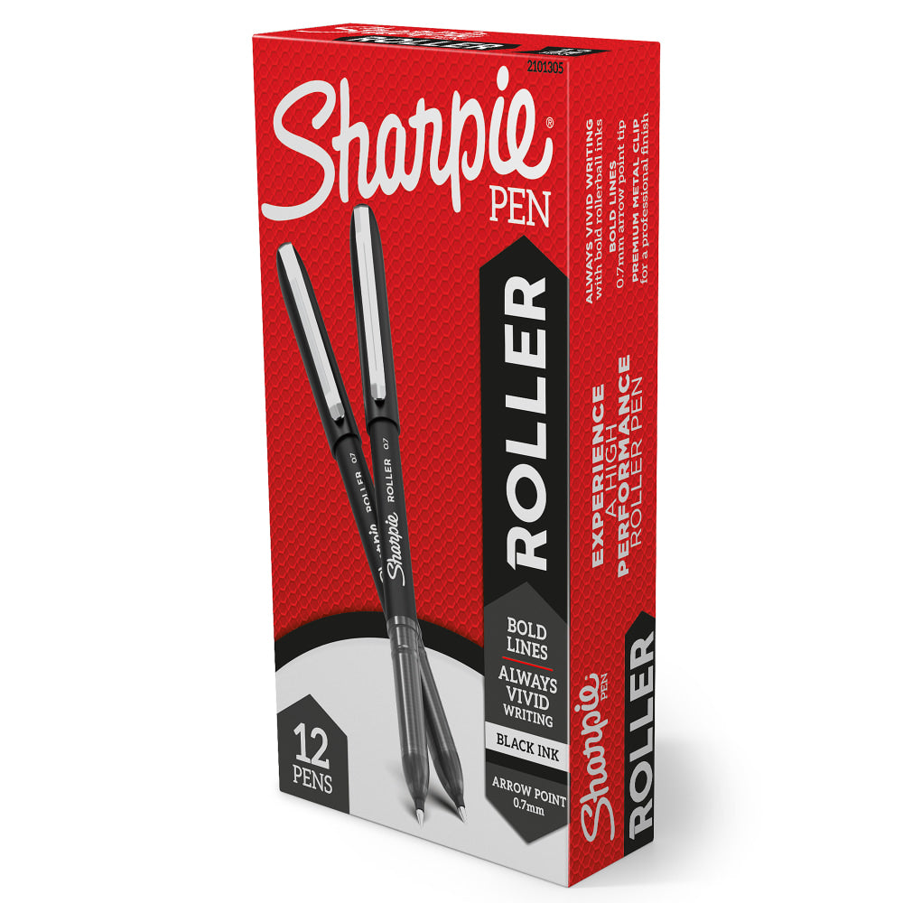 Sharpie Roller Pens, Arrow Point, 0.7 mm, Black Barrel, Blue Ink, Pack Of 12 Pens