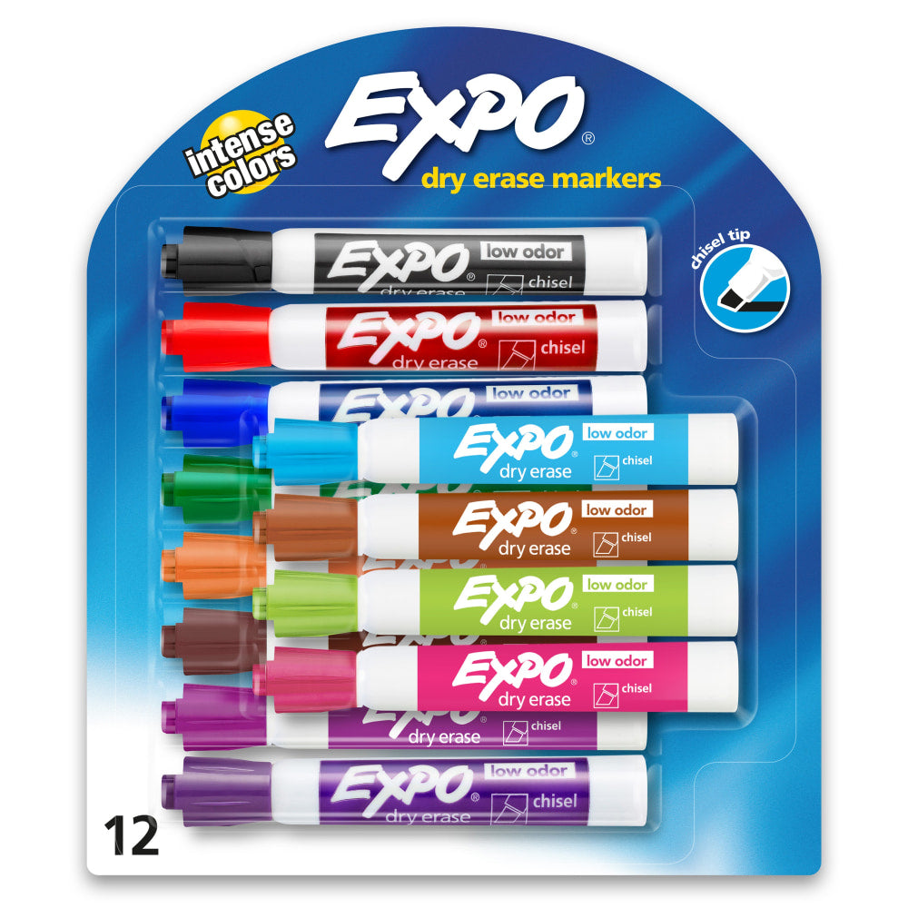 EXPO Low-Odor Dry-Erase Markers, Chisel Point, Assorted Colors, Pack Of 12, Carded Packaging