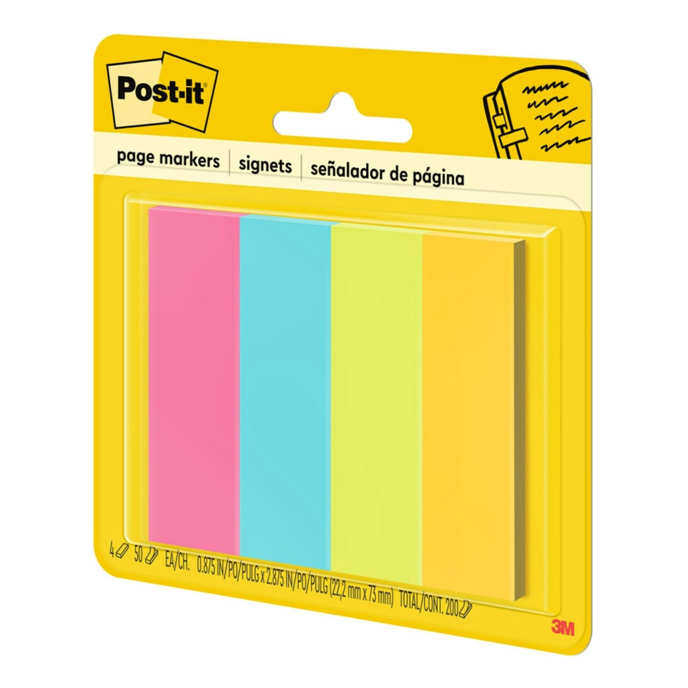 Post-it Notes Page Markers, 1in x 3in, Ultra Colors, 50 Per Pad, Pack Of 4 Pads