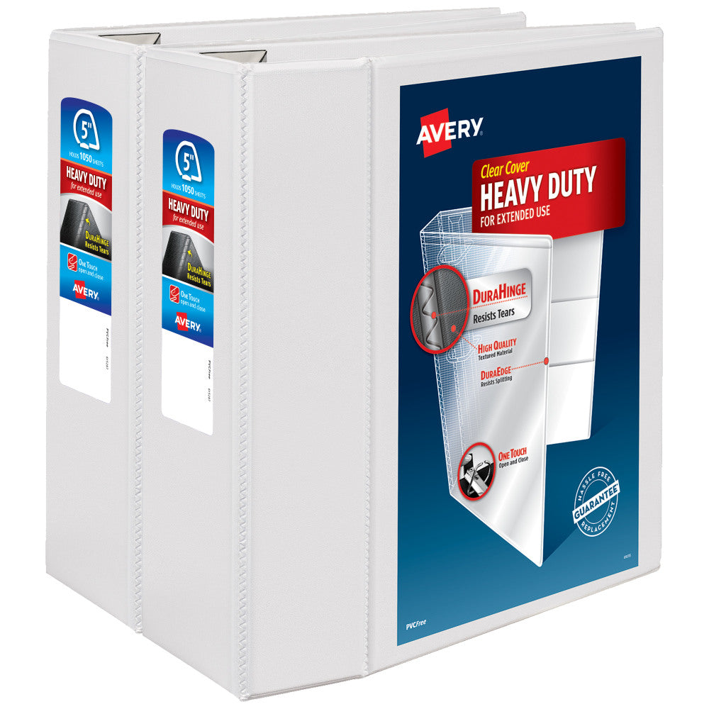 Avery Heavy-Duty View 3 Ring Binder, 5in One Touch EZD Rings, White, Pack Of 2 Binders