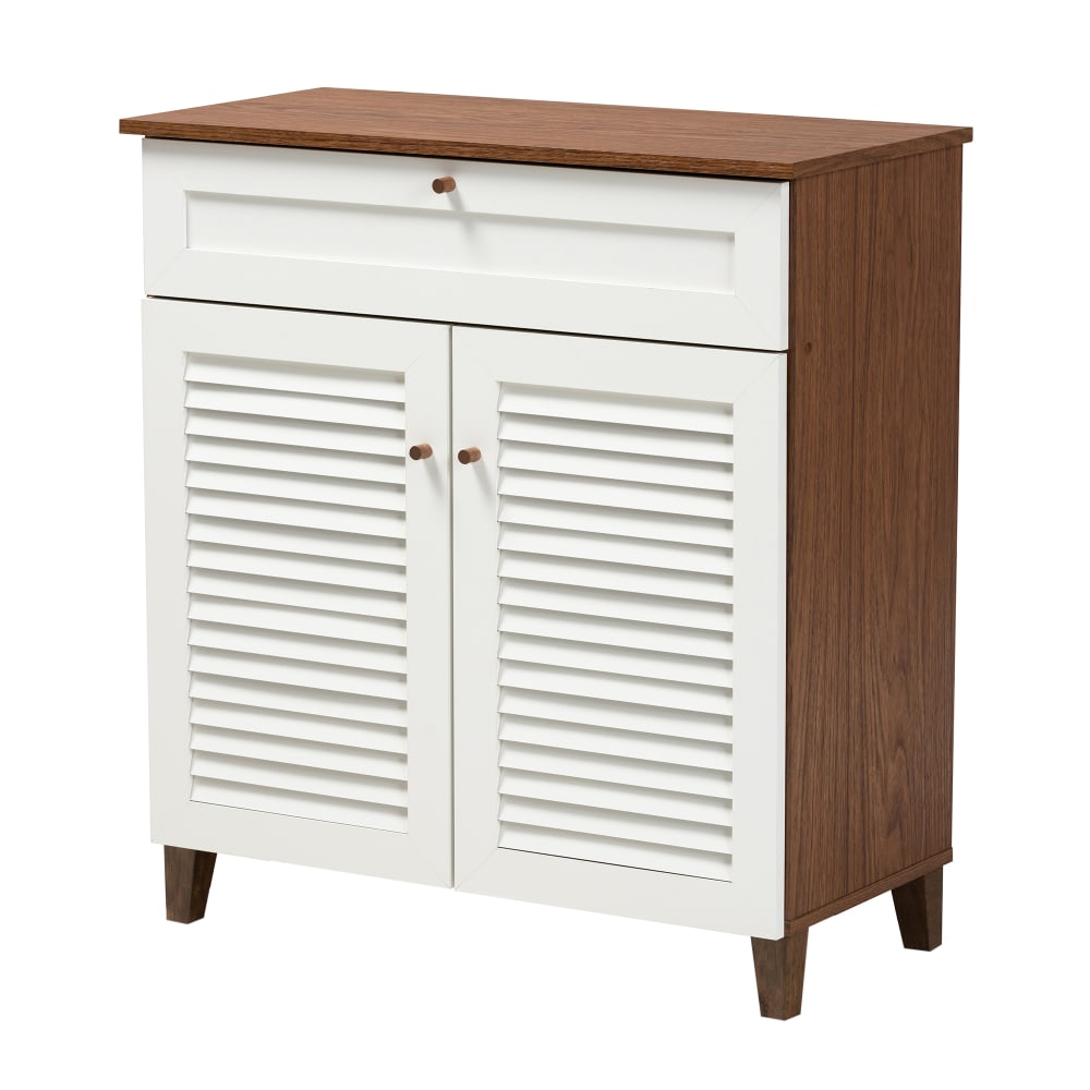 Baxton Studio Coolidge 4-Shelf Shoe Storage Cabinet With Drawer, White/Walnut