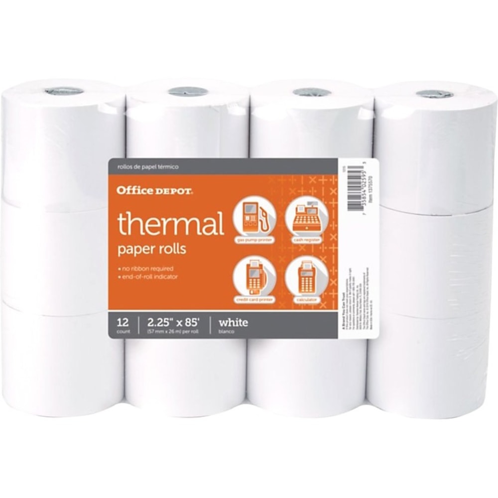 Office Depot Brand Thermal Paper Rolls, 2-1/4in x 85ft, White, Pack of 12