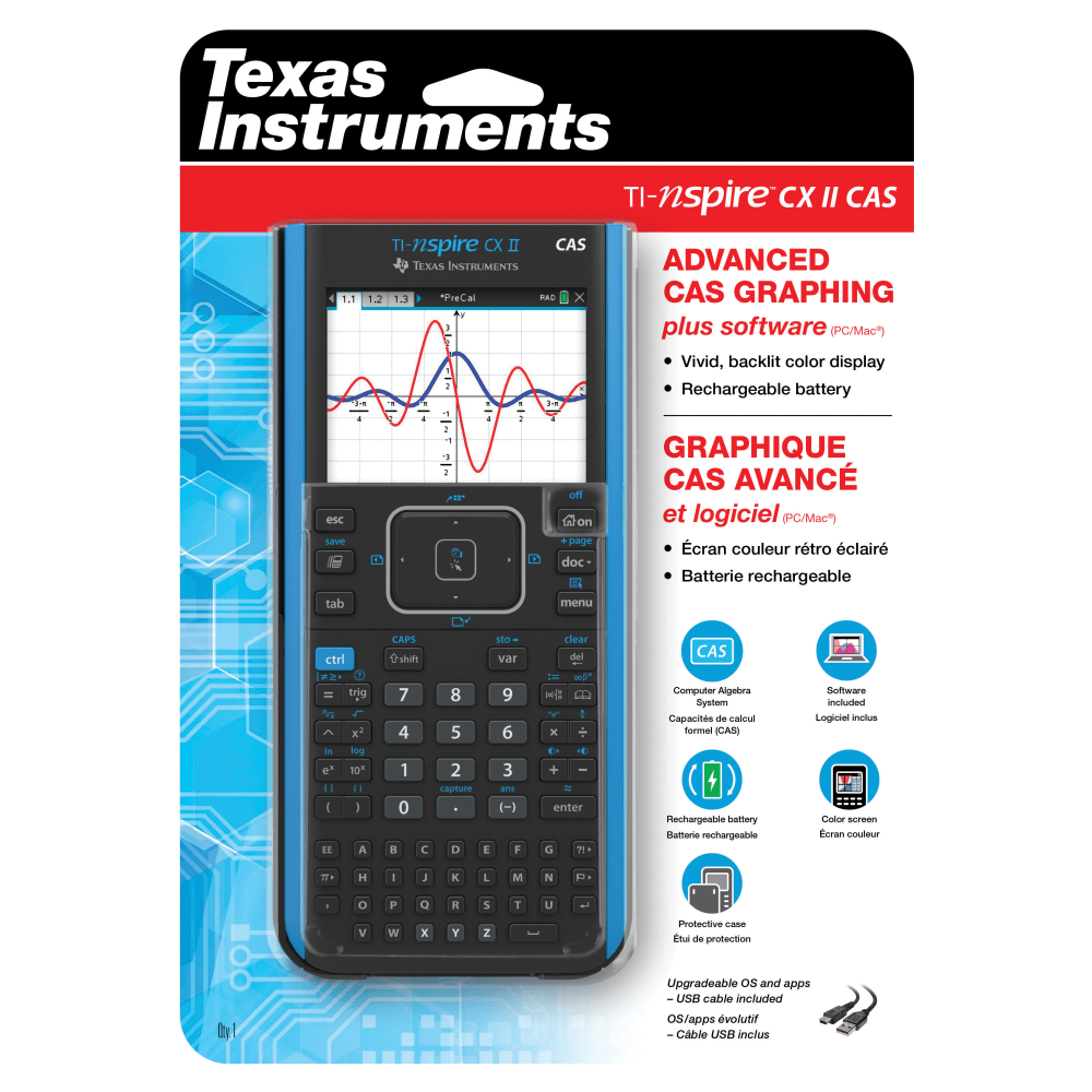 Texas Instruments Nspire CX II CAS Graphing Calculator - Rechargeable, Computer Algebra System (CAS) - Battery Powered - 2in x 7.3in x 11.8in - Gray - 1 Each