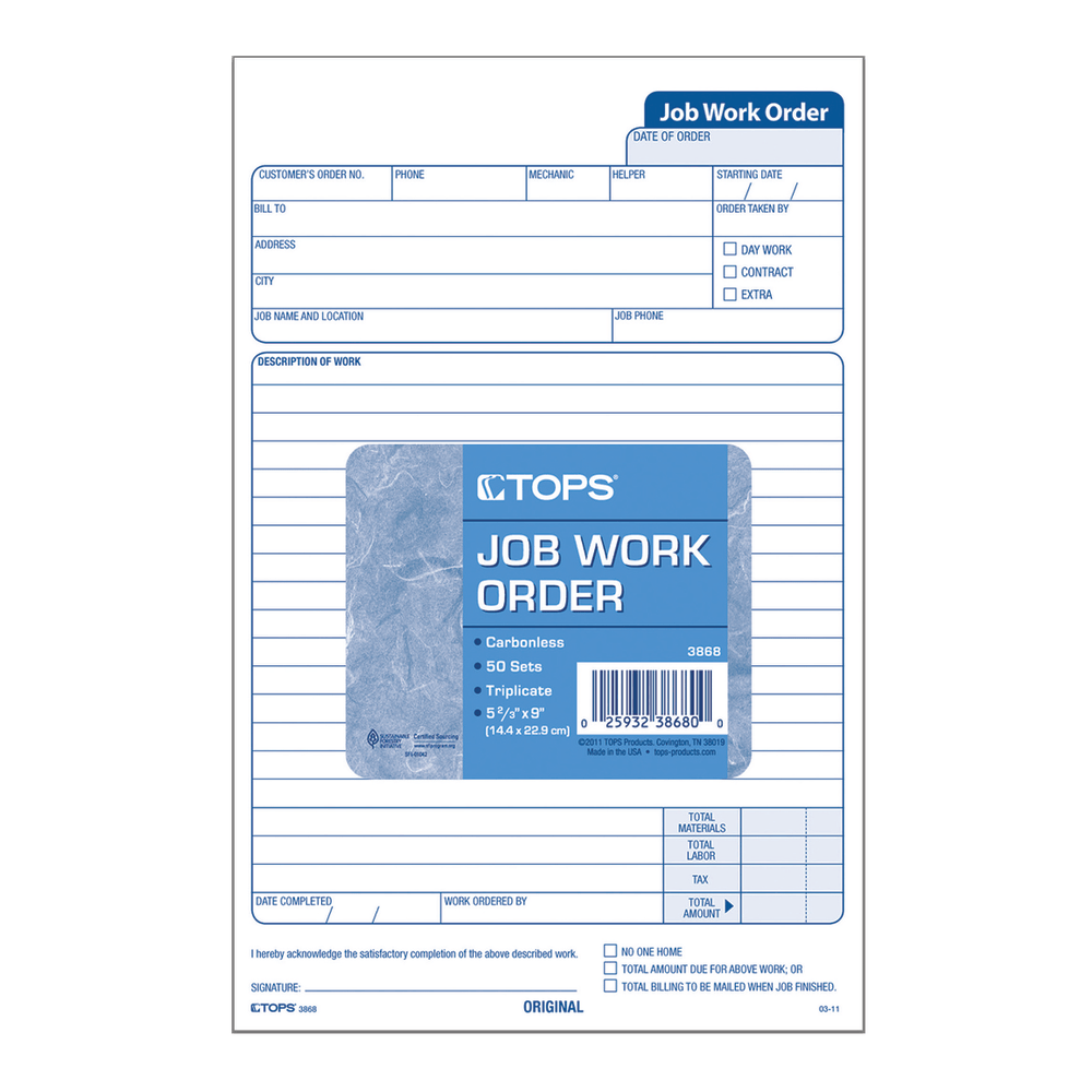 TOPS Triplicate Carbonless Job Work Orders, 5 1/2in x 8 1/2in, Pack Of 50 Forms