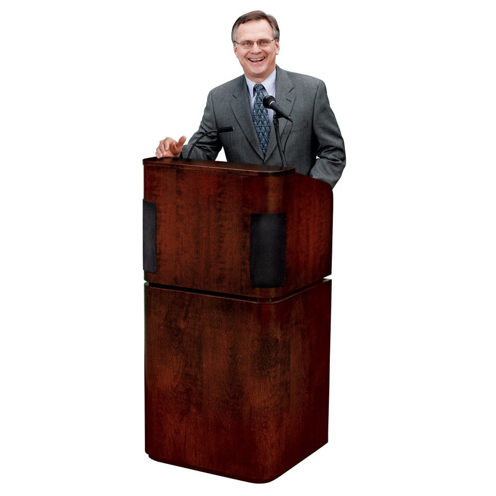 Oklahoma Sound Tabletop & Base Combo Sound Lectern With Tie Clip/Lavalier Wireless Microphone, Mahogany On Walnut