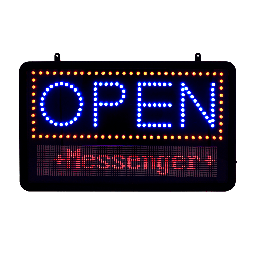 Alpine Industries LED Programmable Message Board Open Signs, 22-1/16inH x 13inW x 1-5/8inD, Black, Pack Of 2 Signs