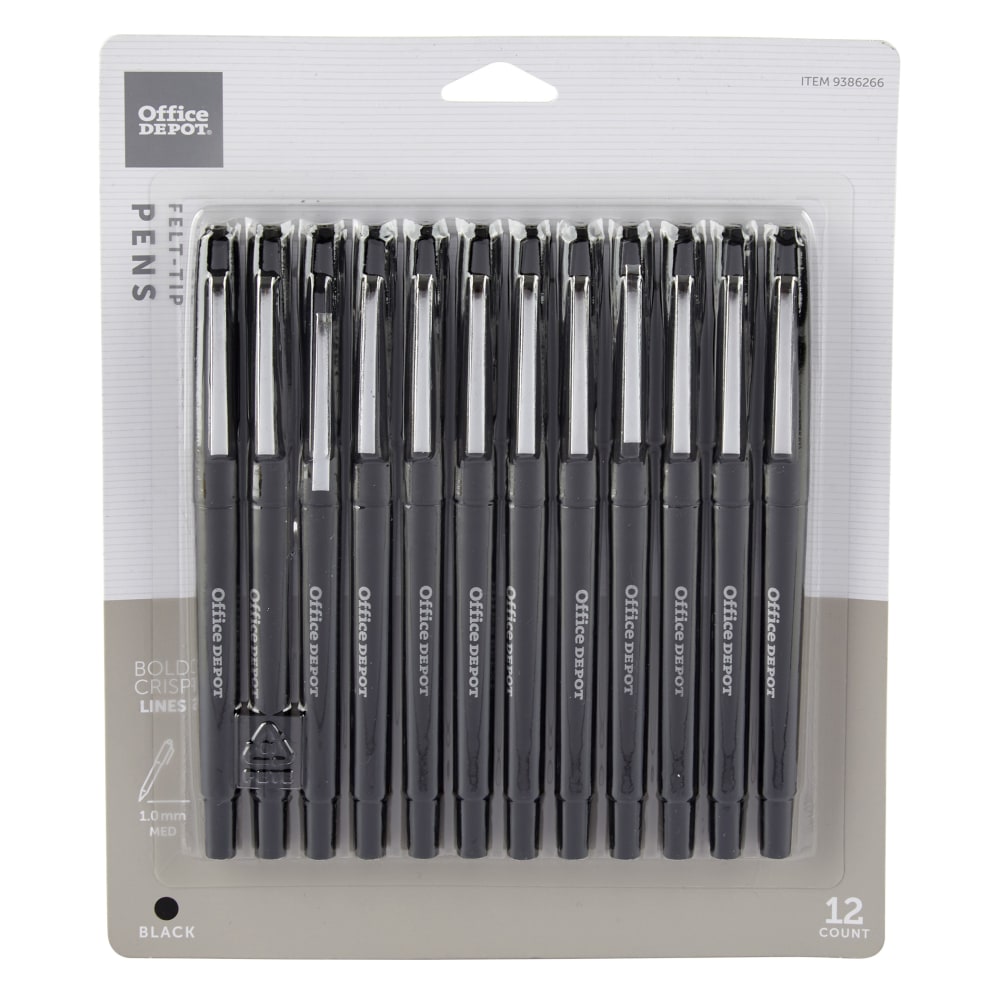 Office Depot Brand Felt-Tip Porous Pens, Medium Point, 1.0 mm, Black Barrels, Black Ink, Pack Of 12 Pens