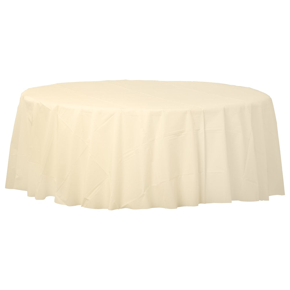 Amscan 77017 Solid Round Plastic Table Covers, 84in, Vanilla Creme, Pack Of 6 Covers