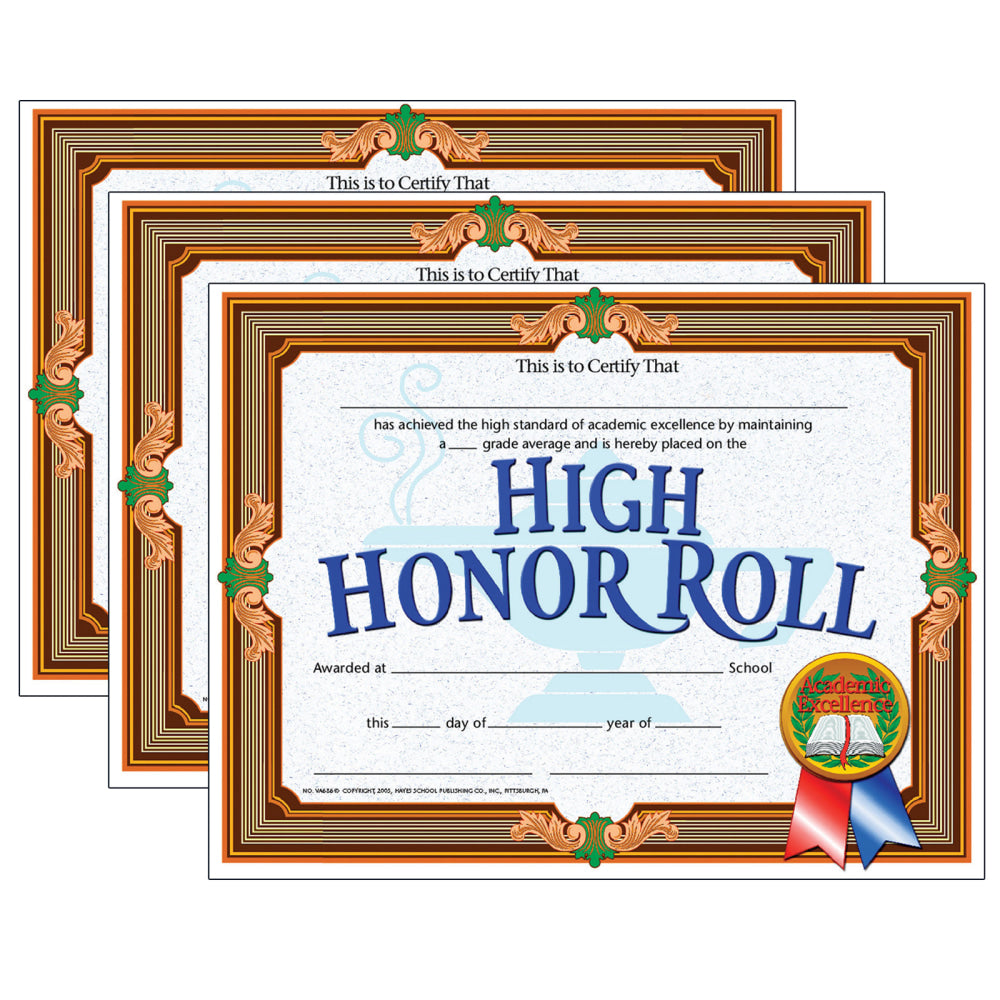 Hayes Certificates, 8-1/2in x 11in, High Honor Roll, Gold, 30 Certificates Per Pack, Set Of 3 Packs