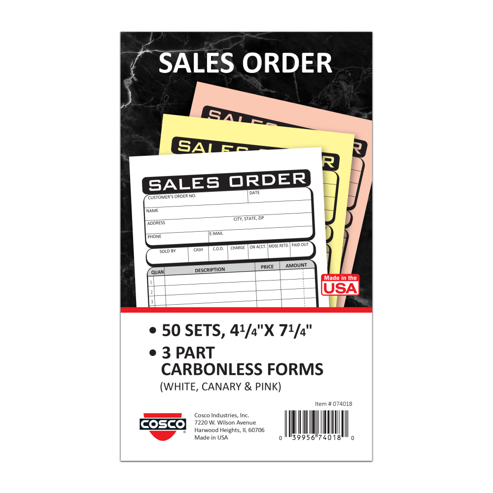 COSCO Sales Order Form Book With Slip, 3-Part Carbonless, 4-1/4in x 7-1/4in, Business, 50 Sets