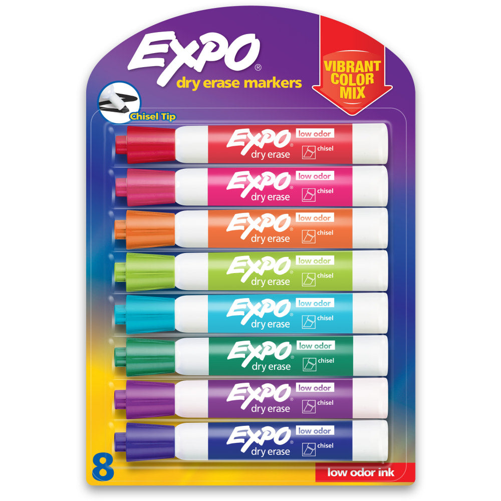 EXPO Low-Odor Dry-Erase Markers, Chisel Point, Assorted Vibrant Colors, Pack Of 8