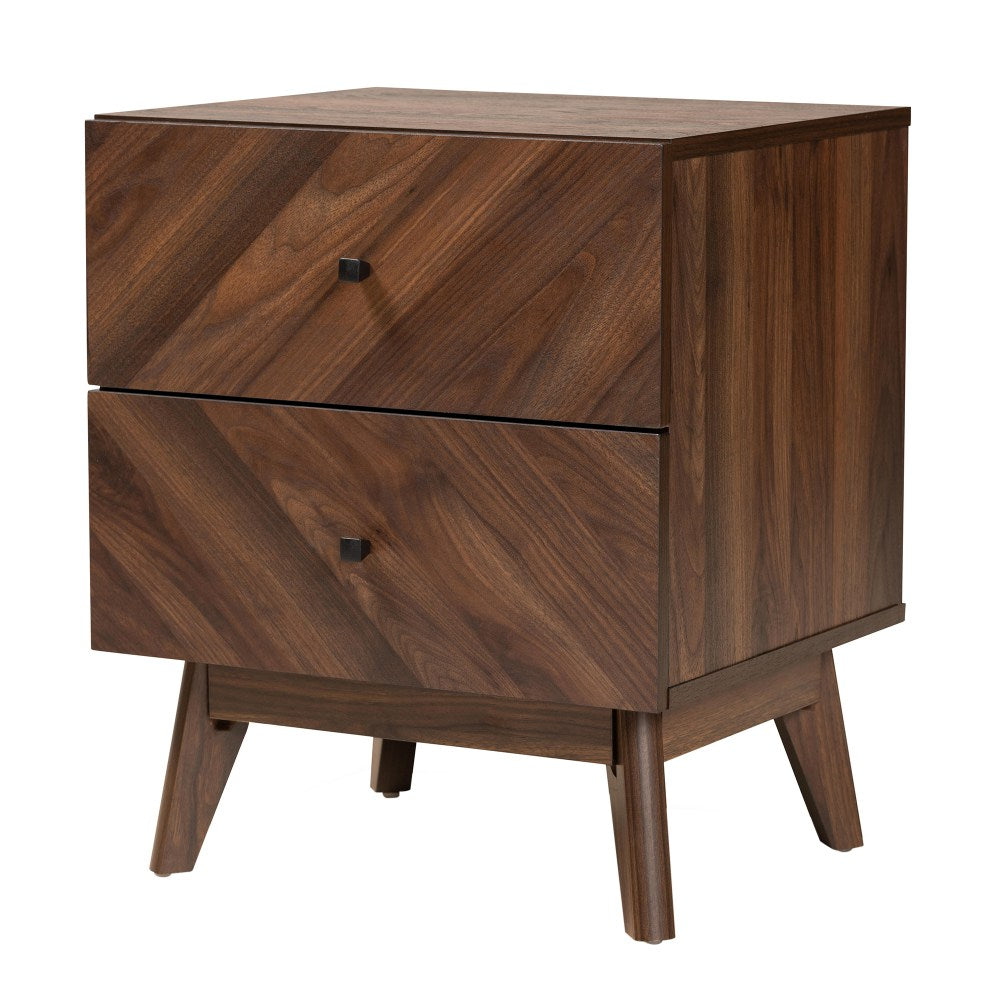 Baxton Studio Hartman 2-Drawer Nightstand, 22-3/4inH x 19inW x 16-1/4inD, Walnut Brown