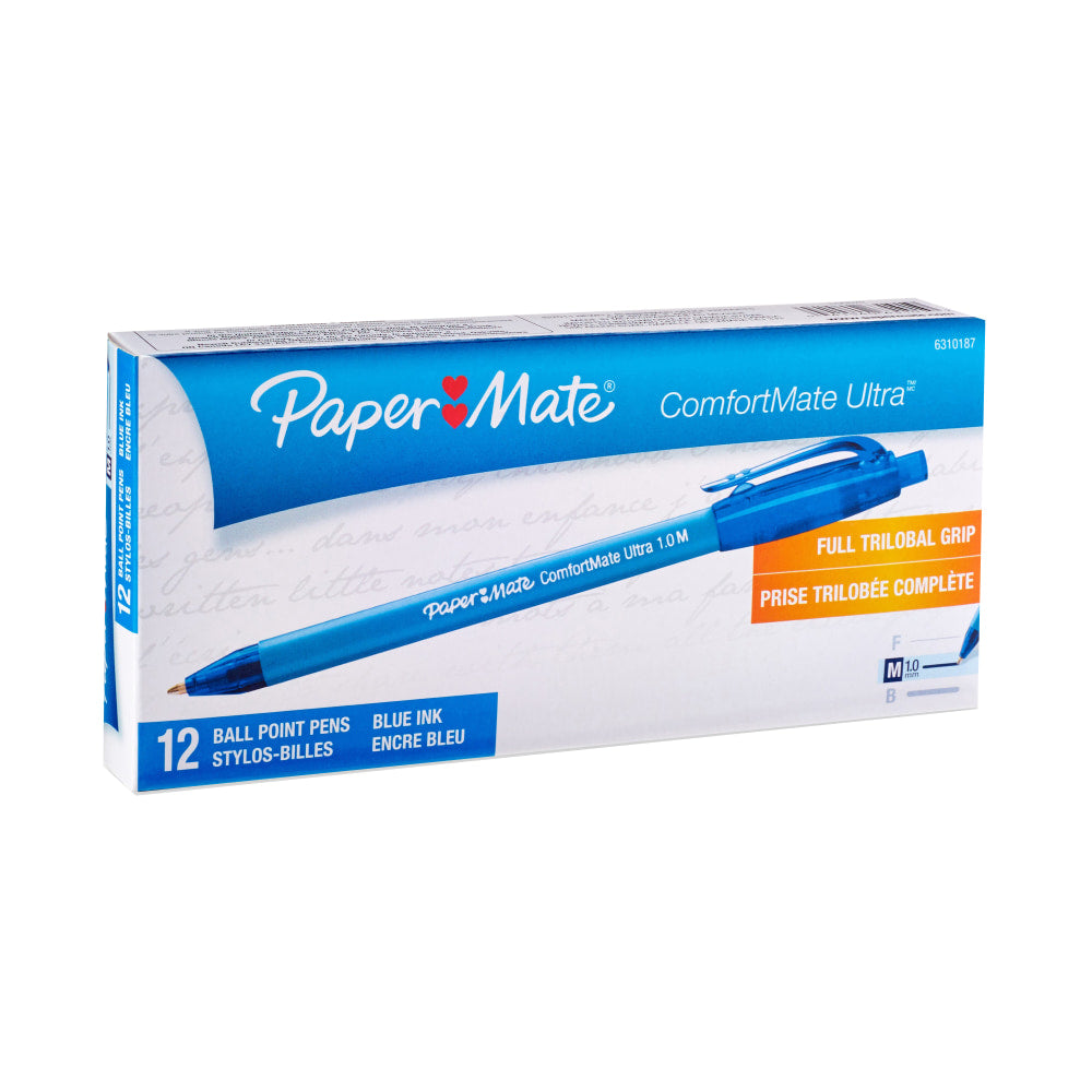 Paper Mate Comfortmate Ultra Retractable Ballpoint Pens, Medium Point, 1.0 mm, Blue Barrel, Blue Ink, Pack Of 12