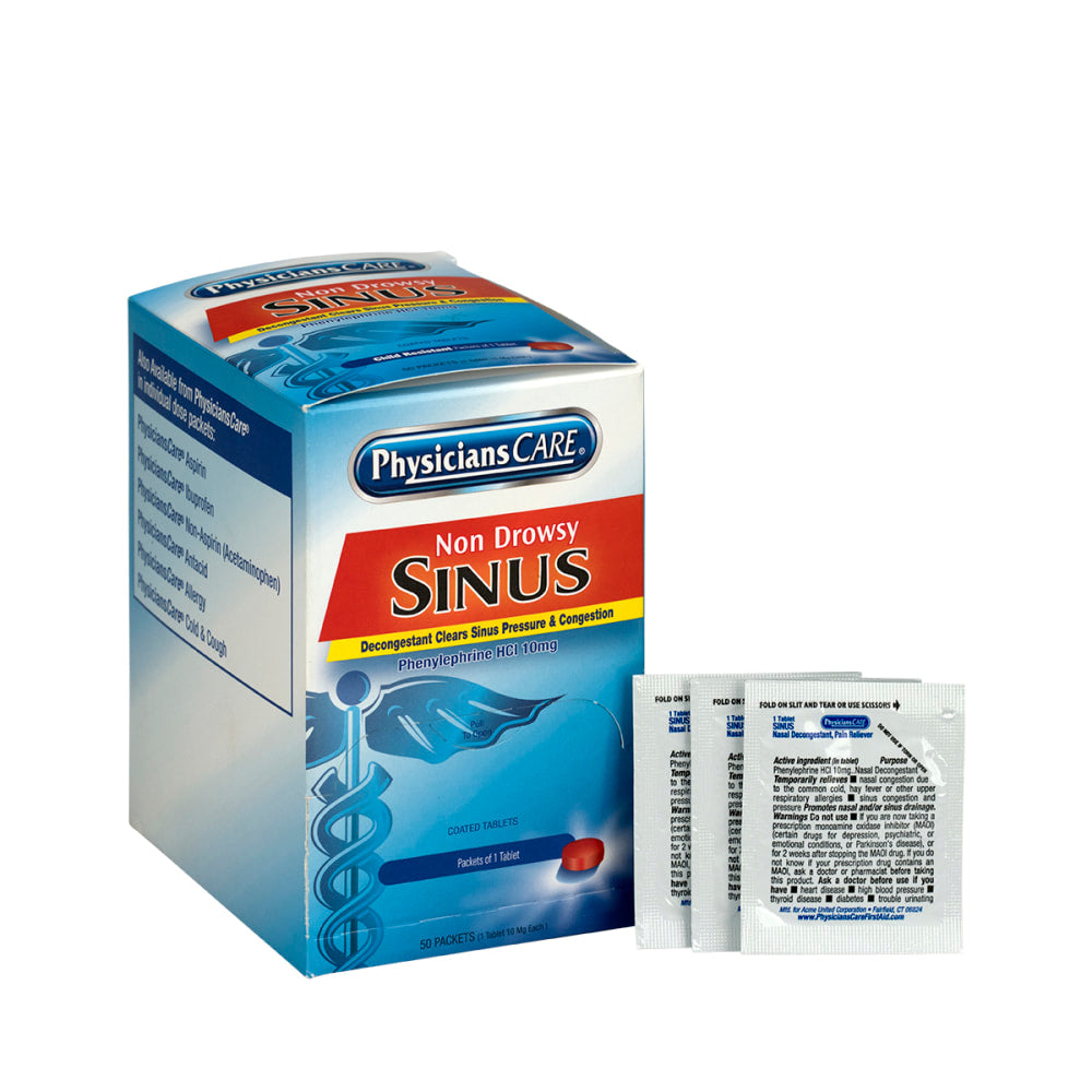 PhysiciansCare Sinus Decongestant Congestion Medication, 1 Tablet Per Packet, Box Of 50