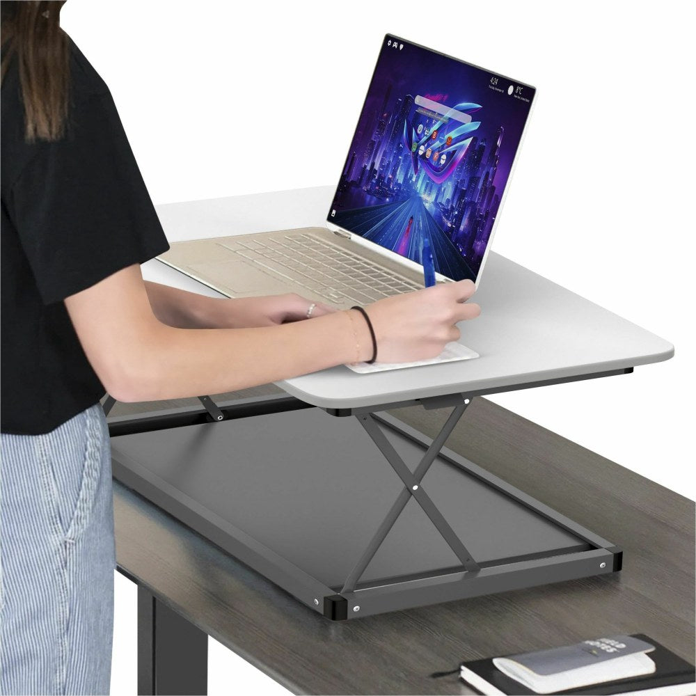 CHANGEdesk Mini White Laptop Standing Desk Converter & Single Monitor Sit Stand Up Desktop Riser - Thin, compact, simnple desktop desk lets you quickly flow between sitting and standing. 27.5x19.5in panel is perfect for laptops and single moniors.