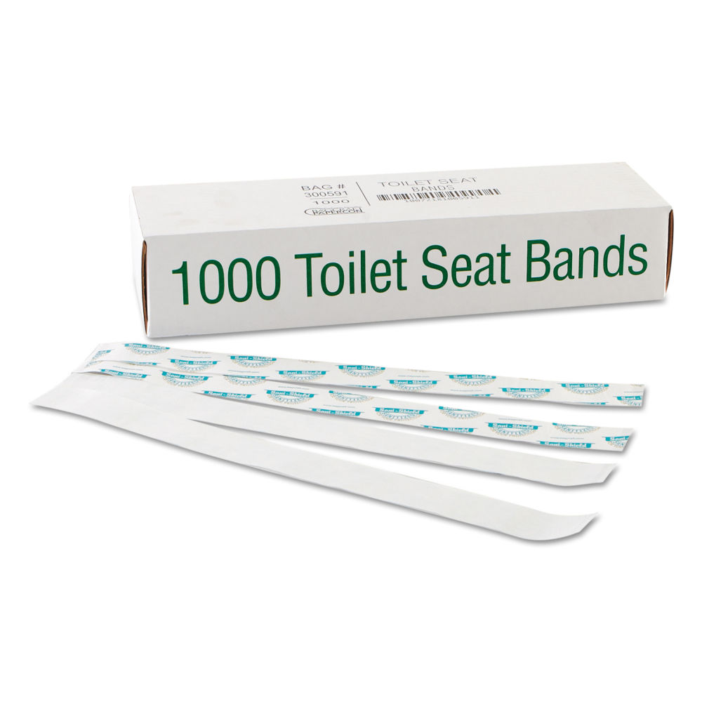 Bagcraft Sani/Shield Printed Toilet Seat Bands, 16in x 1 1/2in, Blue/White, Pack Of 1,000