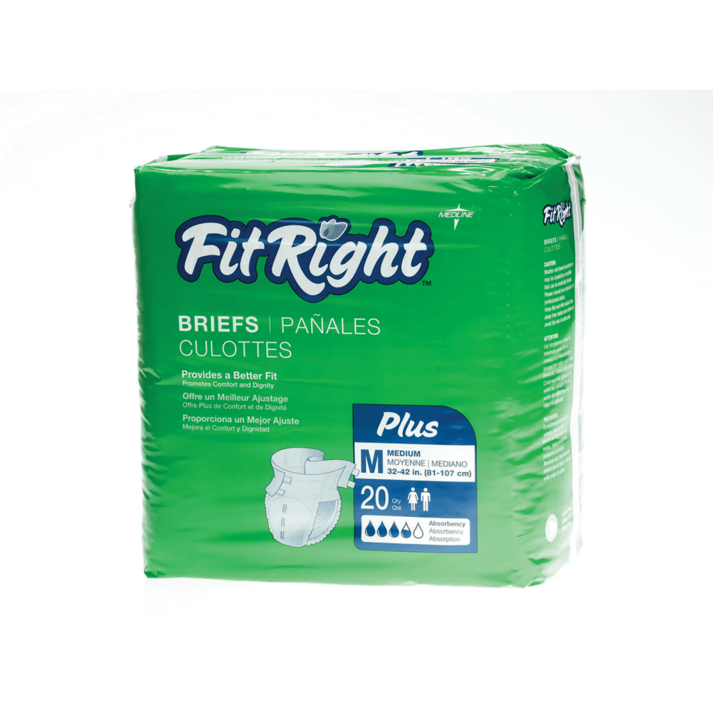 FitRight Plus Disposable Briefs, Medium, 32 - 42in, White, Bag Of 20