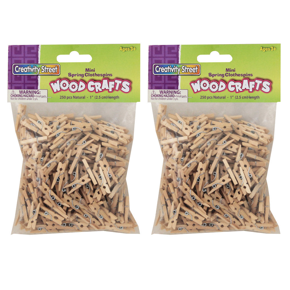 Creativity Street Mini Spring Clothespins, Natural Wood, 1in, 250 Clothespins Per Pack, Pack Of 2 Packs