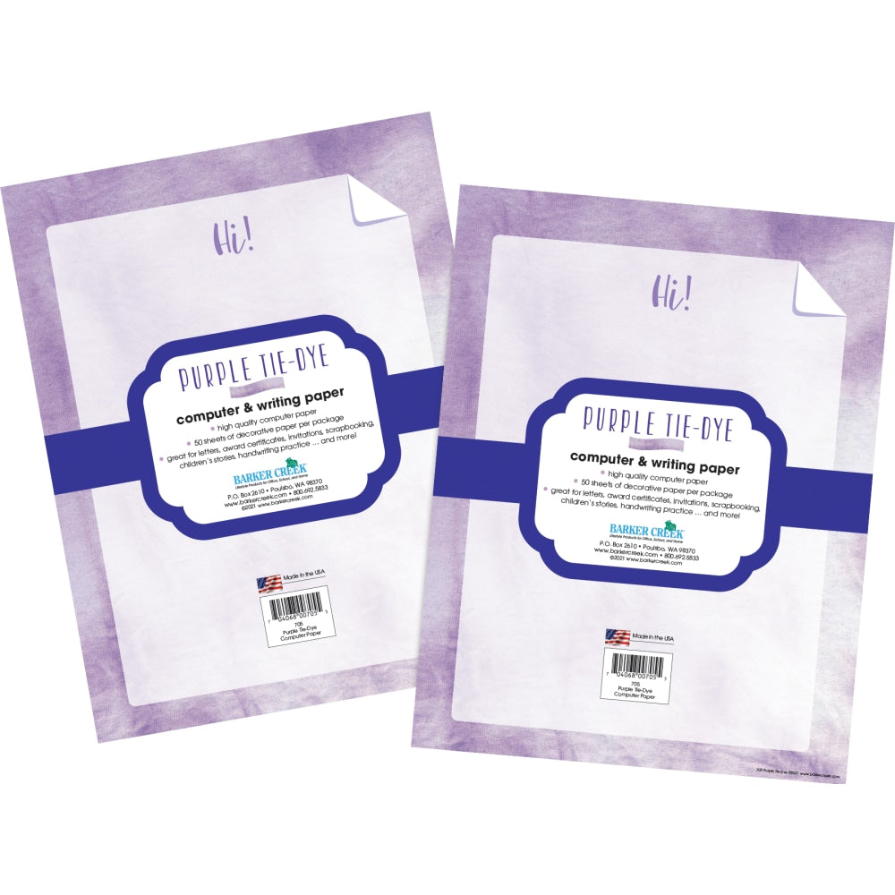 Barker Creek Designer Computer Paper, 8-1/2in x 11in, Purple Tie-Dye, 50 Sheets Per Pack, Set Of 2 Packs