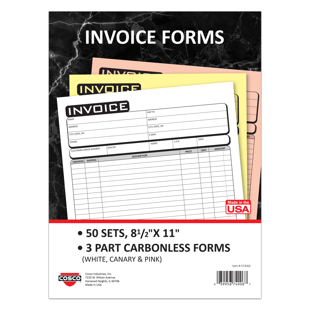 COSCO Invoice Form Book With Slip, 3-Part Carbonless, 8-1/2in x 11in, Business, Book Of 50 Sets