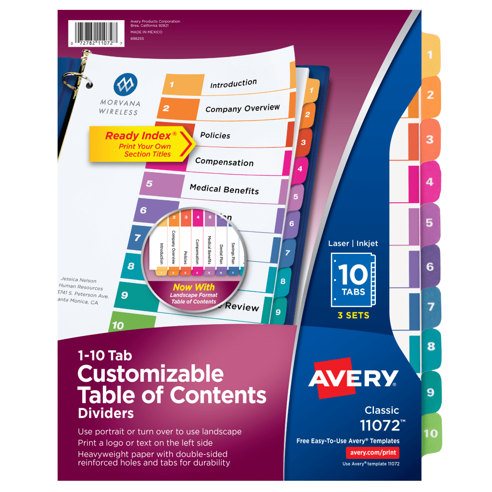 Avery Ready Index 1-10 Tab Binder Dividers With Customizable Table Of Contents, 8-1/2in x 11in, 10 Tab, White/Multicolor, Pack Of 3 Sets