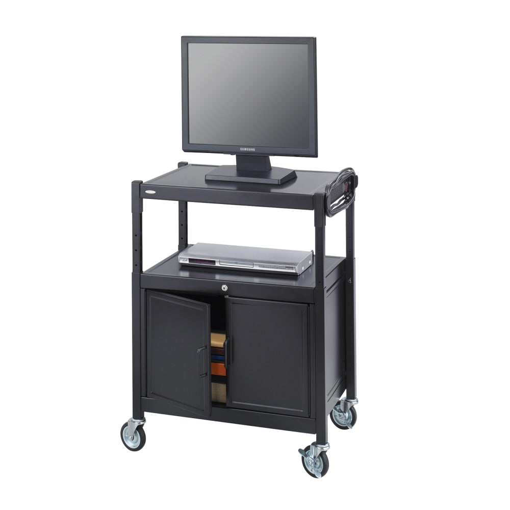 Safco Steel Adjustable AV Carts With Cabinet,Adjust.,42inH x 24inW x 18inD, Black